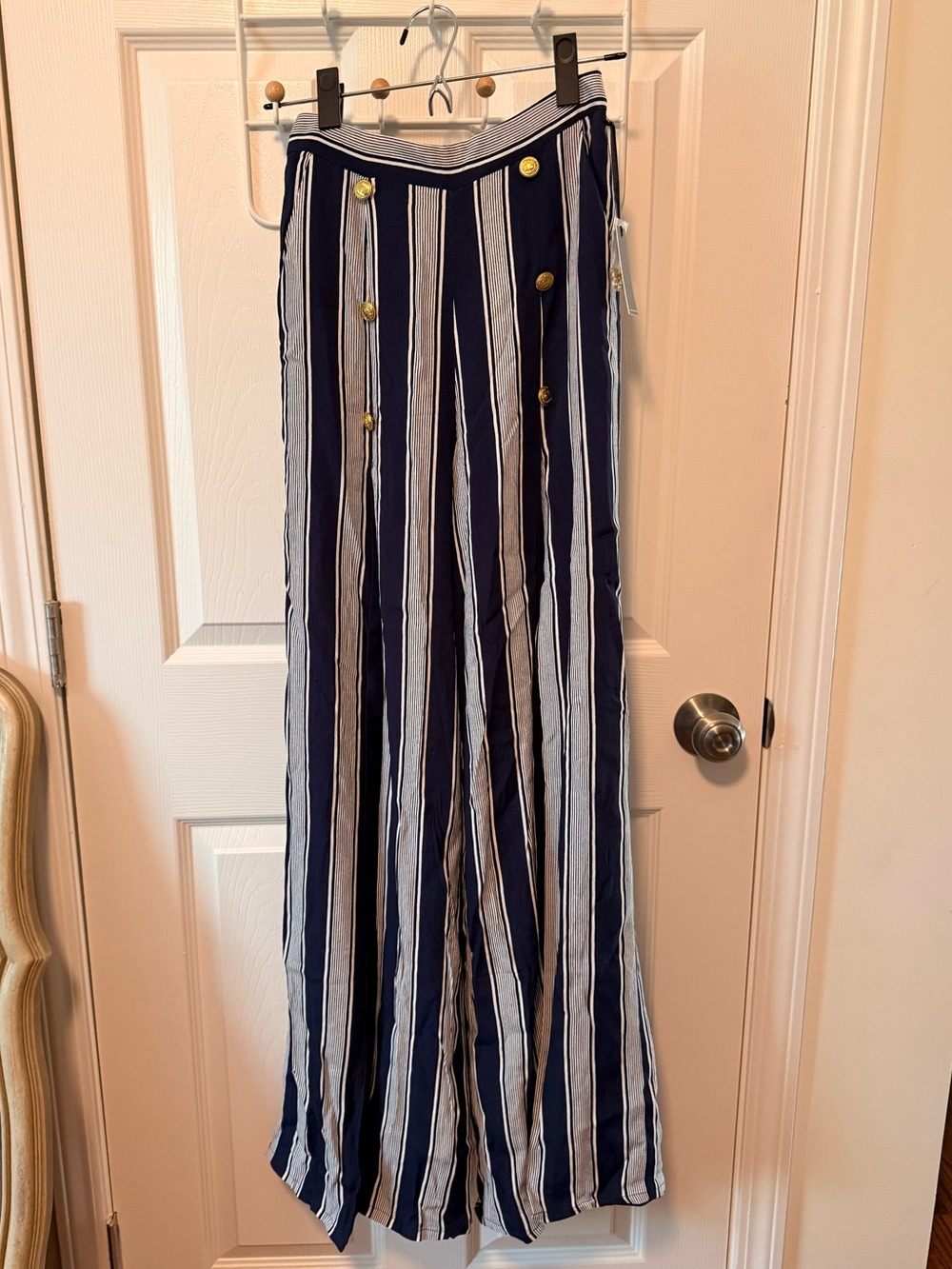 Lovers + Friends Navy and White Vertical Stripe Maxi Skirt and Gold Buttons | XS